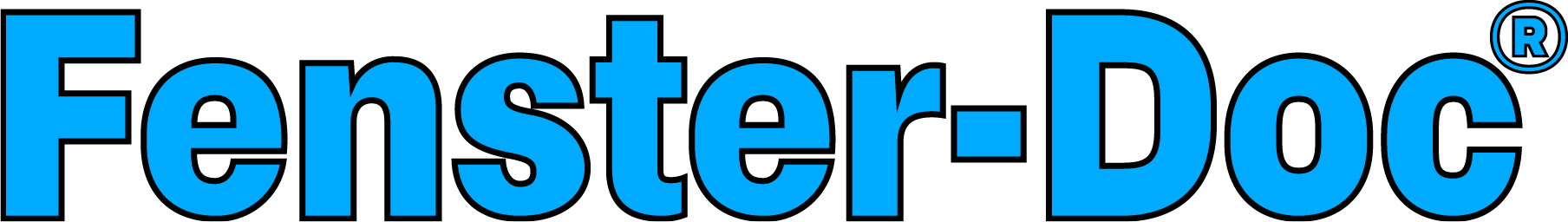 Logo mit dem Schriftzug "Fenster-Doc" in hellblau mit schwarzer Umrandung, vermittelt Professionalität.