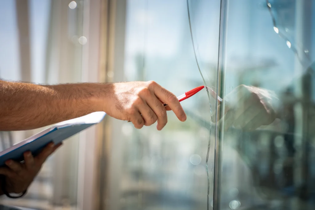 Eine Hand zeigt mit einem roten Stift auf einen Riss in einer Glasscheibe, während sie ein Klemmbrett hält.