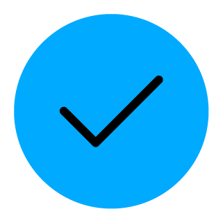 Ein schwarzes Häkchen in einem blauen Kreis symbolisiert Zustimmung oder Vollständigkeit.